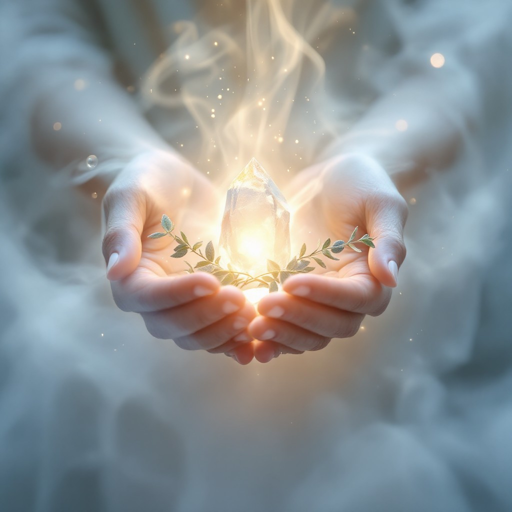 Hands cradling a glowing crystal