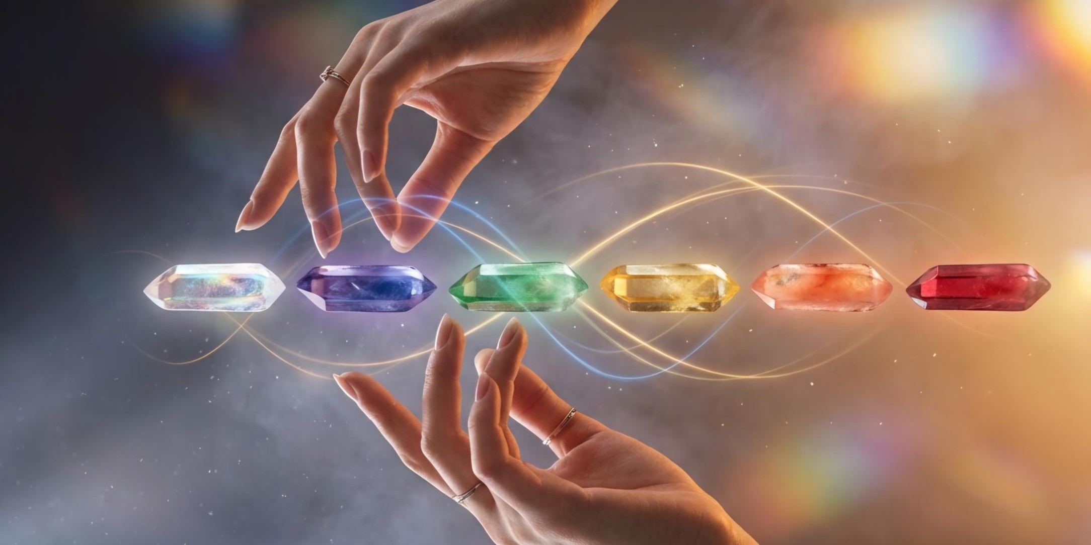 Two hands and a row of coloured healing crystals connected by ribbons of light